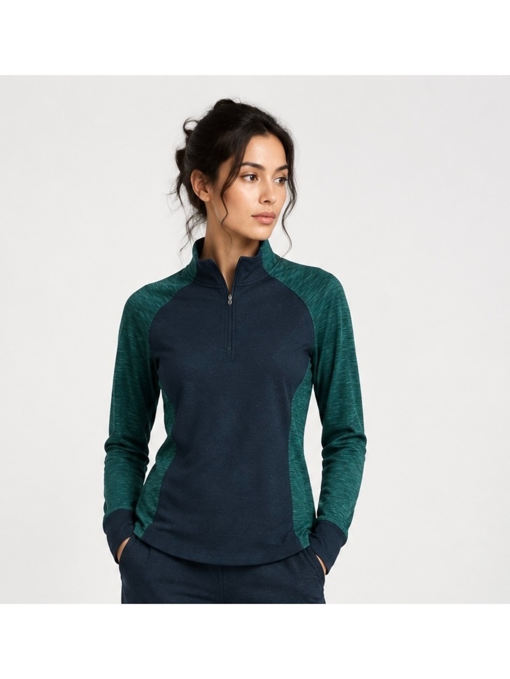 Danskin Now Dri-More Semi-Fitted Teal and Navy Half-Zip Pullover. Size M